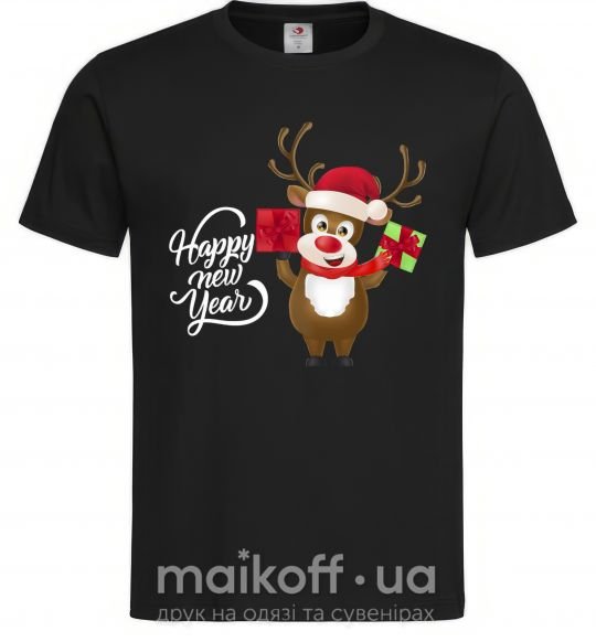 Мужская футболка Happe New Year deer in red hat Черный фото