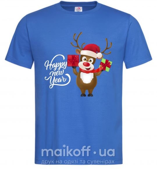 Мужская футболка Happe New Year deer in red hat Ярко-синий фото
