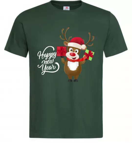 Мужская футболка Happe New Year deer in red hat Темно-зеленый фото