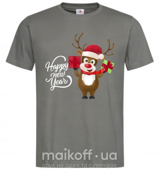 Чоловіча футболка Happe New Year deer in red hat Графіт фото