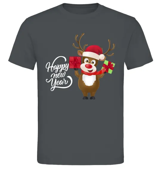 Мужская футболка Happe New Year deer in red hat Графит фото