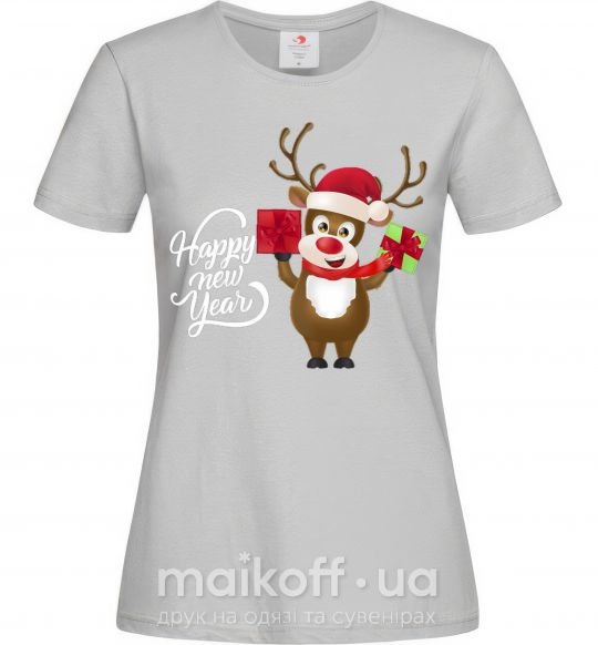 Женская футболка Happe New Year deer in red hat Серый фото