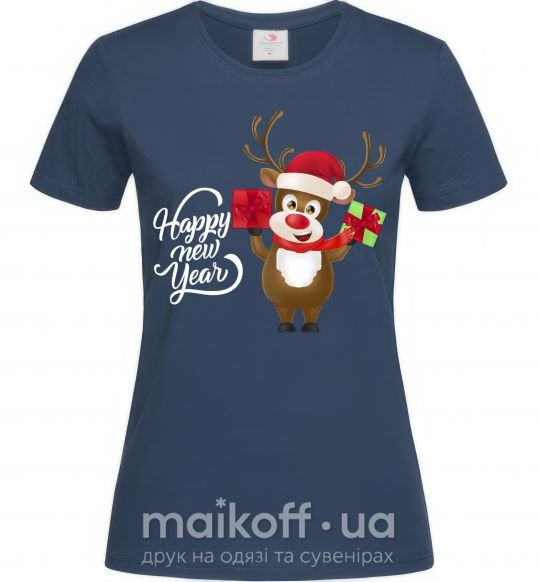 Женская футболка Happe New Year deer in red hat Темно-синий фото