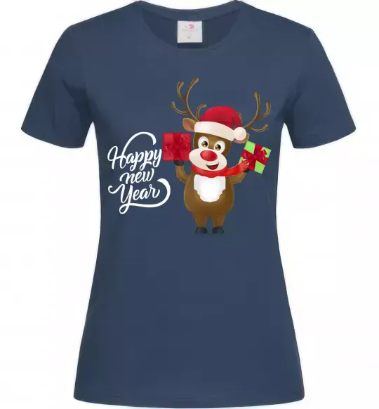 Женская футболка Happe New Year deer in red hat Темно-синий фото