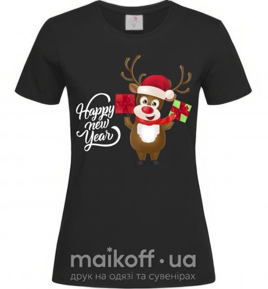 Женская футболка Happe New Year deer in red hat Черный фото