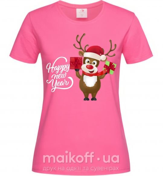 Жіноча футболка Happe New Year deer in red hat Яскраво-рожевий фото
