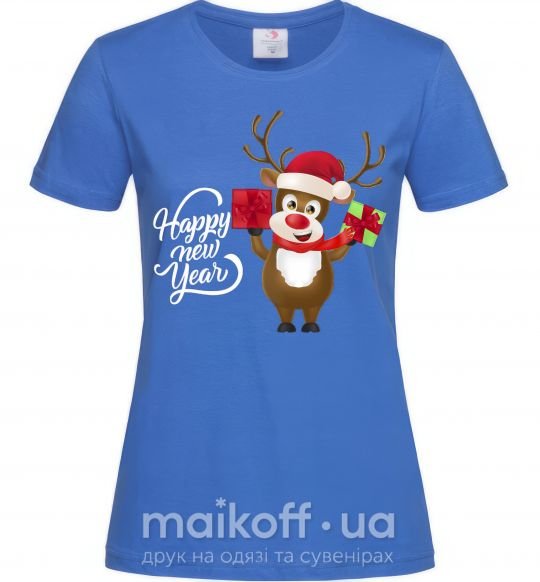 Жіноча футболка Happe New Year deer in red hat Яскраво-синій фото