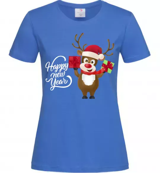 Женская футболка Happe New Year deer in red hat Ярко-синий фото