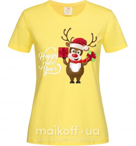 Жіноча футболка Happe New Year deer in red hat Лимонний фото