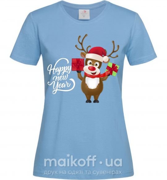 Женская футболка Happe New Year deer in red hat Голубой фото