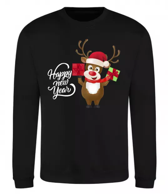 Світшот Happe New Year deer in red hat Чорний фото