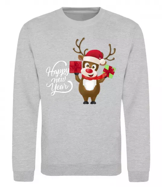 Світшот Happe New Year deer in red hat Сірий меланж фото