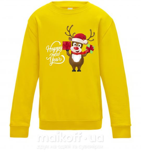 Детский Свитшот Happe New Year deer in red hat Солнечно желтый фото