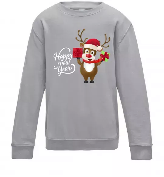 Дитячий світшот Happe New Year deer in red hat Сірий меланж фото