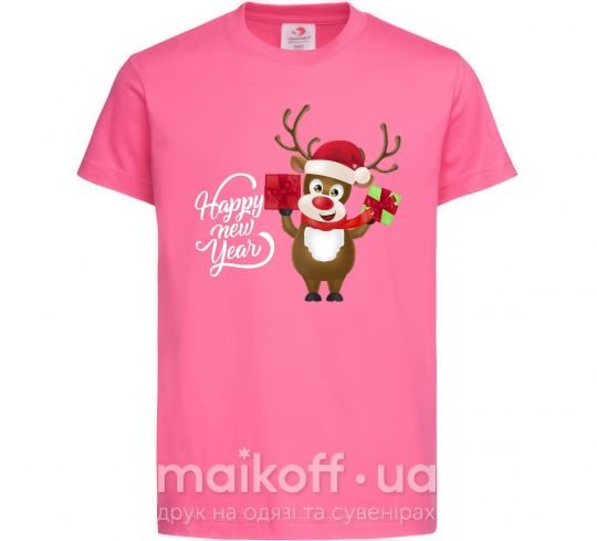 Дитяча футболка Happe New Year deer in red hat Яскраво-рожевий фото