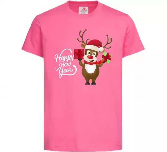 Дитяча футболка Happe New Year deer in red hat Яскраво-рожевий фото