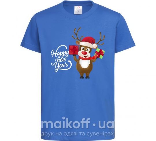 Дитяча футболка Happe New Year deer in red hat Яскраво-синій фото