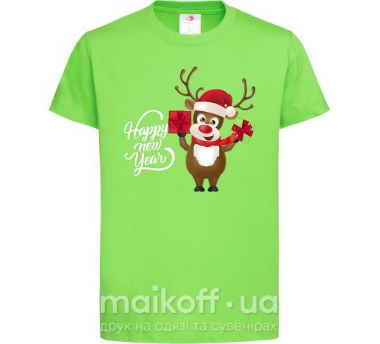 Дитяча футболка Happe New Year deer in red hat Лаймовий фото