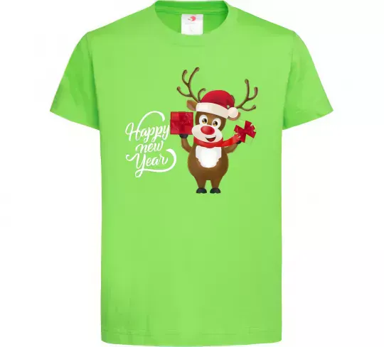 Дитяча футболка Happe New Year deer in red hat Лаймовий фото