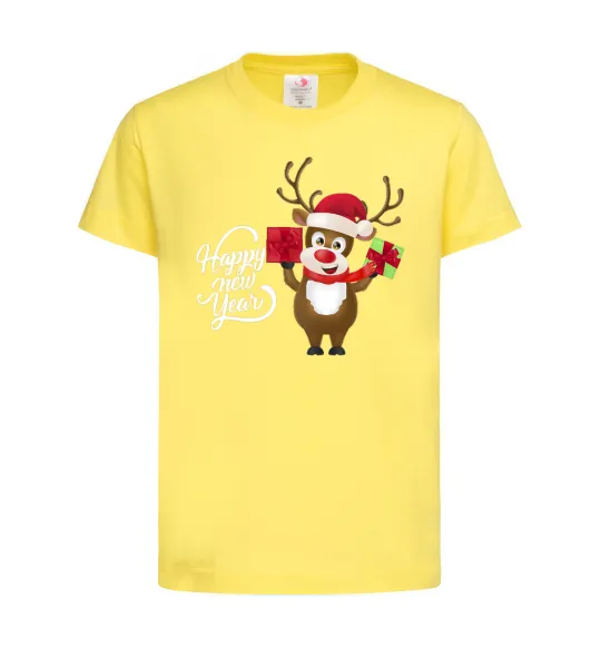 Детская футболка Happe New Year deer in red hat Лимонный фото