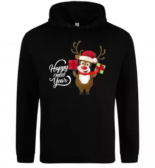 Чоловіча толстовка (худі) Happe New Year deer in red hat Чорний фото