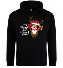 Чоловіча толстовка (худі) Happe New Year deer in red hat Чорний фото