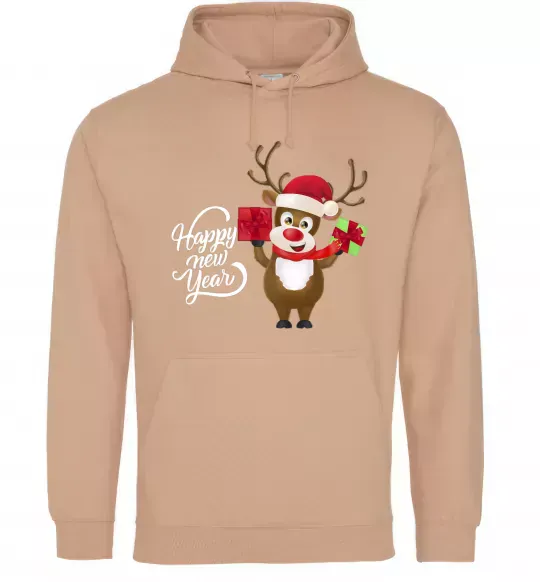Чоловіча толстовка (худі) Happe New Year deer in red hat Пісочний фото