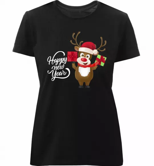 Женская премиум футболка Happe New Year deer in red hat Черный фото