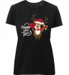 Женская премиум футболка Happe New Year deer in red hat Черный фото