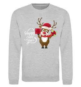 Світшот Happe New Year deer in red hat Сірий меланж фото
