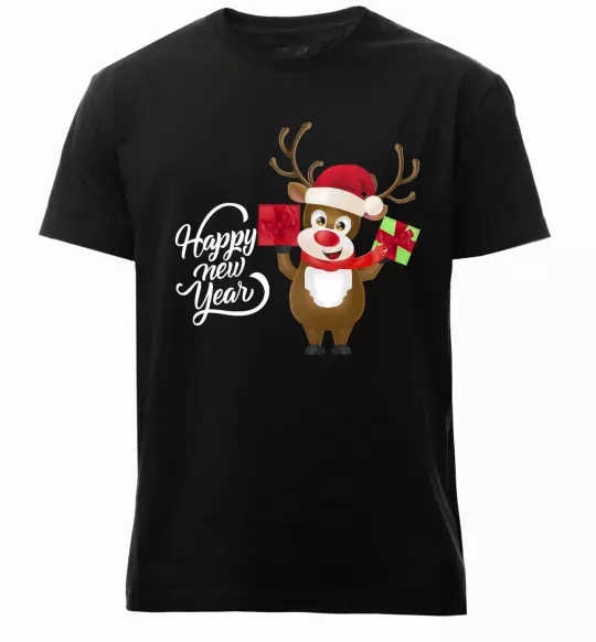 Мужская премиум футболка Happe New Year deer in red hat Черный фото