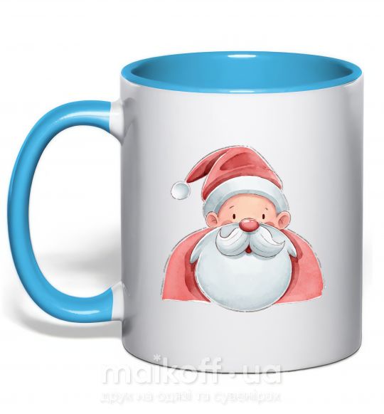 Чашка с цветной ручкой Портрет Деда Мороза Голубой фото