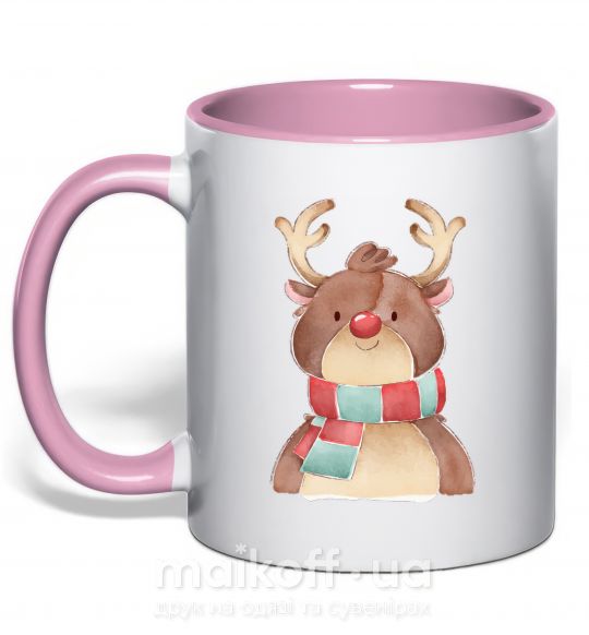 Чашка с цветной ручкой Олень в шарфике Нежно розовый фото