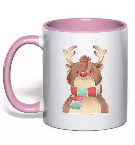 Чашка з кольоровою ручкою Олень в шарфику Ніжно рожевий фото