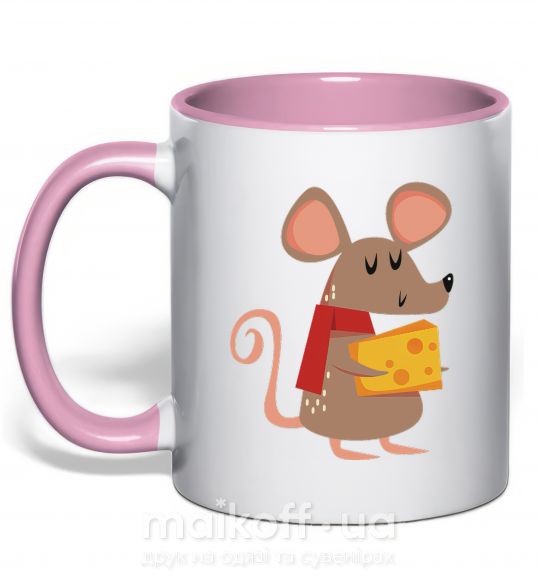 Чашка с цветной ручкой Мышка и сыр Нежно розовый фото