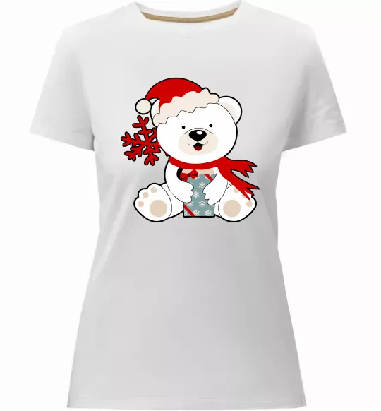 Жіноча преміум футболка Новорічний ведмедик Білий фото
