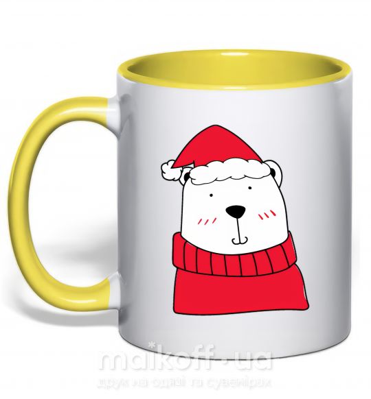 Чашка з кольоровою ручкою Медведь новогодний Сонячно жовтий фото