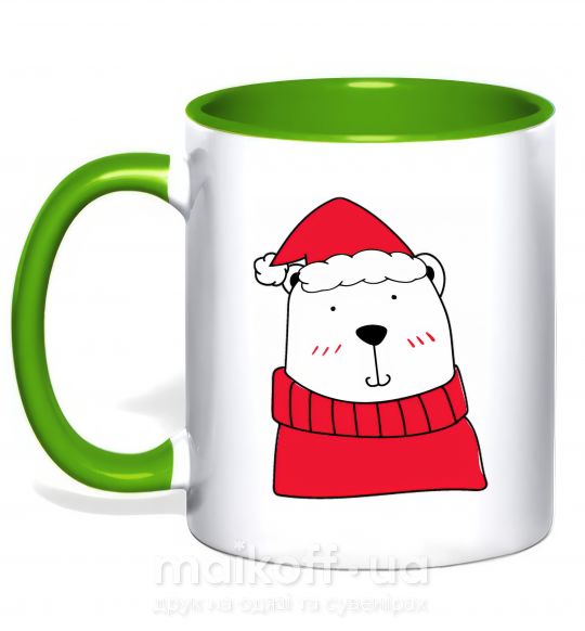 Чашка з кольоровою ручкою Медведь новогодний Зелений фото