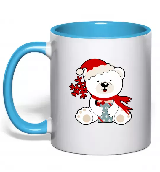 Чашка с цветной ручкой Новорічний ведмедик Голубой фото