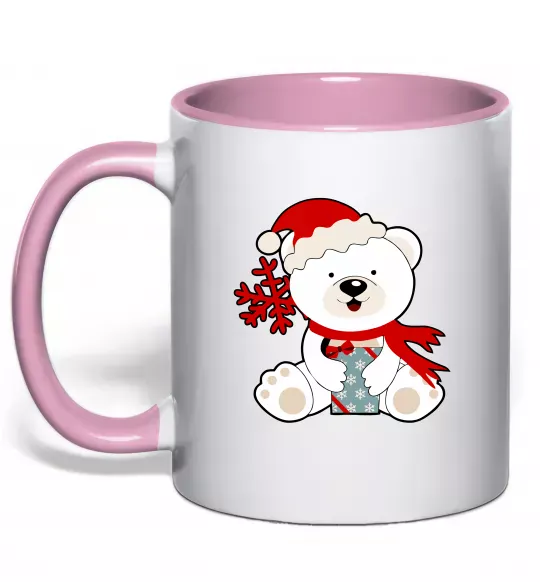 Чашка с цветной ручкой Новорічний ведмедик Нежно розовый фото