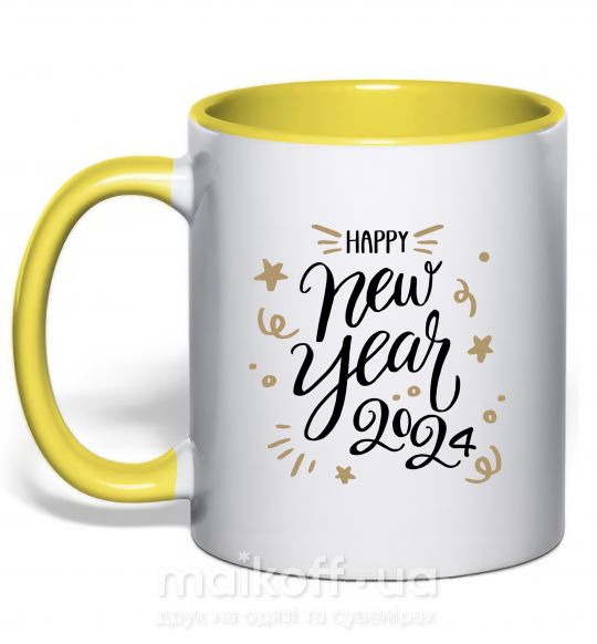 Чашка с цветной ручкой Happy New year 2024 Солнечно желтый фото