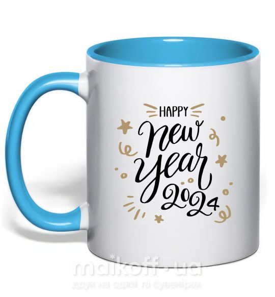 Чашка с цветной ручкой Happy New year 2024 Голубой фото