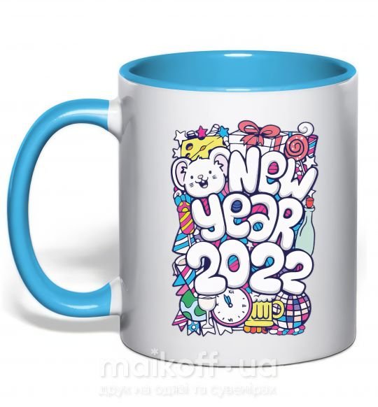 Чашка з кольоровою ручкою Mouse New Year 2022 Блакитний фото