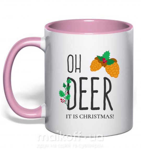 Чашка з кольоровою ручкою Oh deer шишки Ніжно рожевий фото