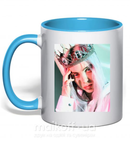 Чашка з кольоровою ручкою Billie Eilish in crown Блакитний фото