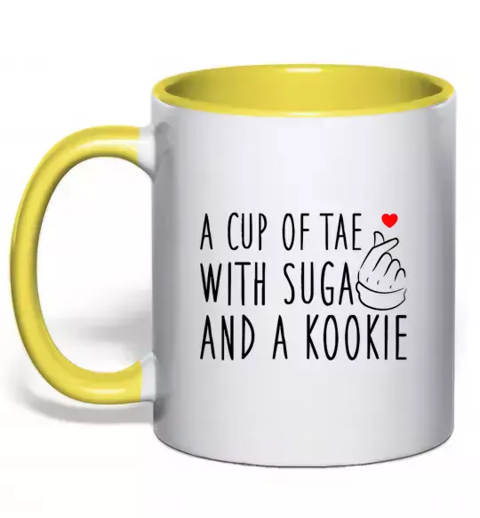 Чашка з кольоровою ручкою A cup of Tae with Suga and a Kookie Сонячно жовтий фото