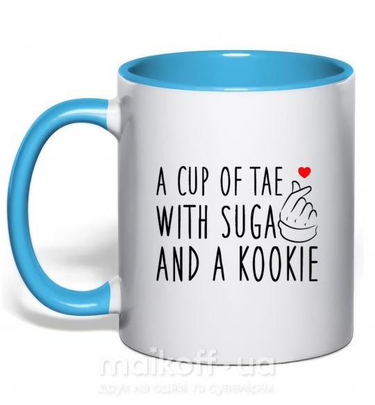 Чашка с цветной ручкой A cup of Tae with Suga and a Kookie Голубой фото