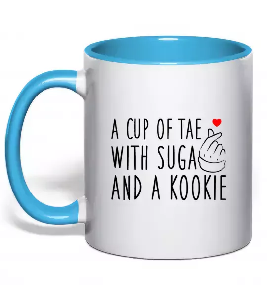 Чашка з кольоровою ручкою A cup of Tae with Suga and a Kookie Блакитний фото