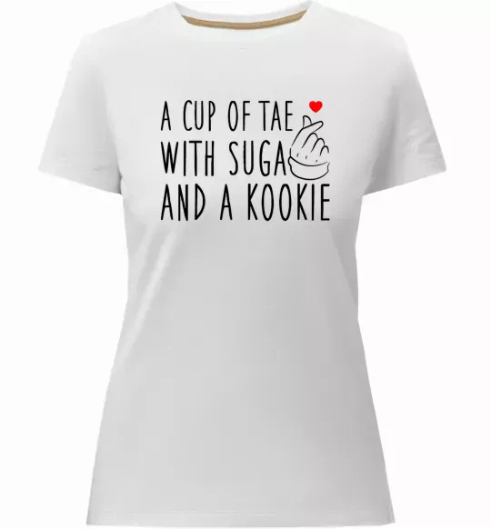 Женская премиум футболка A cup of Tae with Suga and a Kookie Белый фото