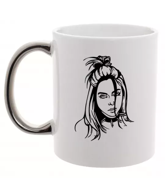 Чашка с цветной ручкой Billie Eilish portrait Серебро фото